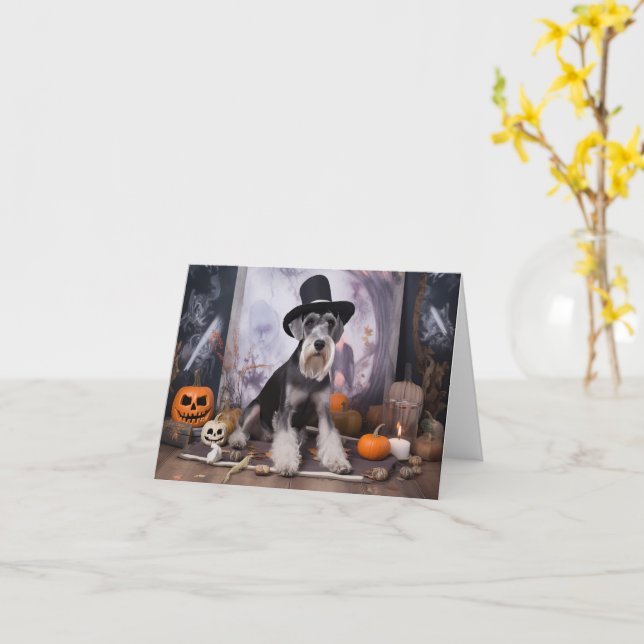 Miniature Schnauzer Pumpkins Halloween Scary  Card (Yellow Flower)