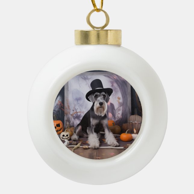 Miniature Schnauzer Pumpkins Halloween Scary  Ceramic Ball Christmas Ornament (Front)