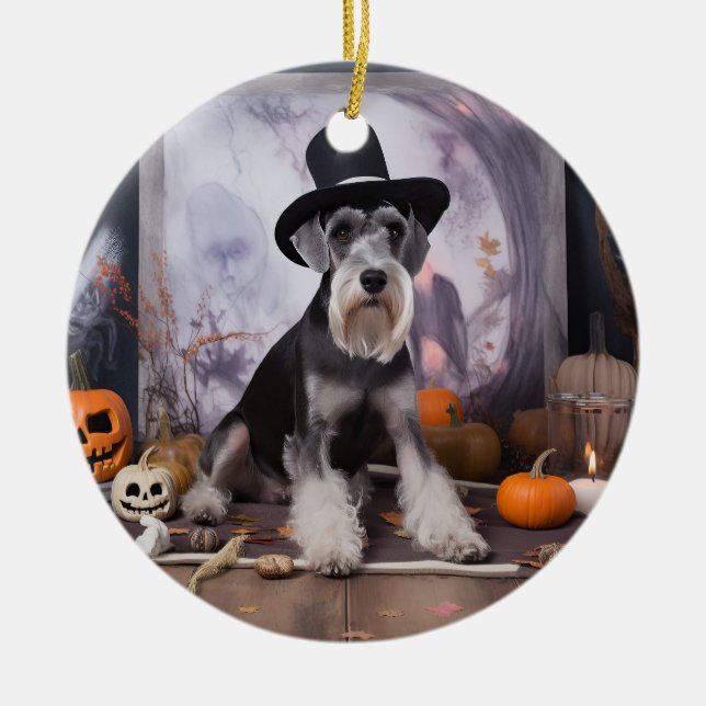 Miniature Schnauzer Pumpkins Halloween Scary  Ceramic Tree Decoration (Front)