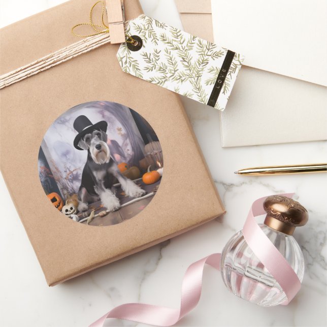 Miniature Schnauzer Pumpkins Halloween Scary  Classic Round Sticker (Gifting)