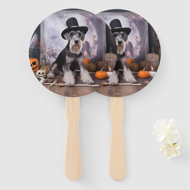Miniature Schnauzer Pumpkins Halloween Scary  Hand Fan (Front and Back)