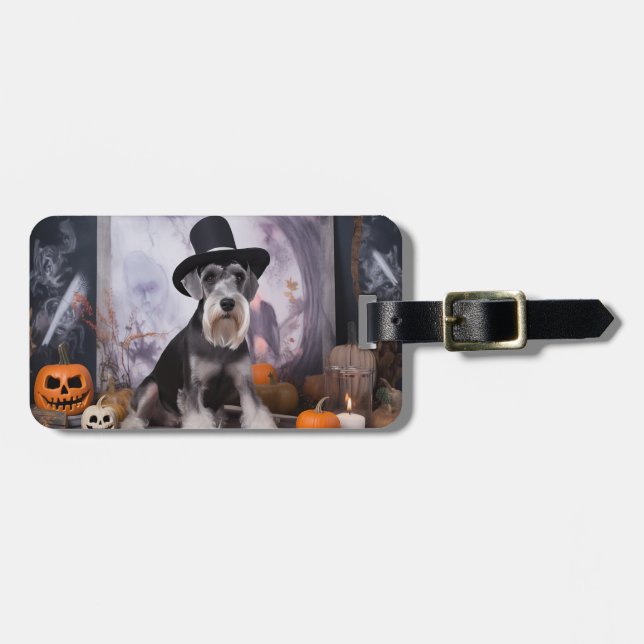 Miniature Schnauzer Pumpkins Halloween Scary  Luggage Tag (Front Horizontal)