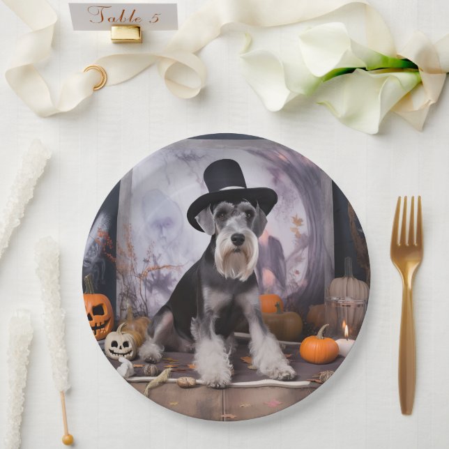 Miniature Schnauzer Pumpkins Halloween Scary  Paper Plate (Wedding)