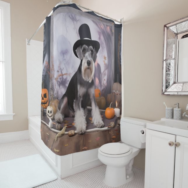 Miniature Schnauzer Pumpkins Halloween Scary  Shower Curtain (In Situ)