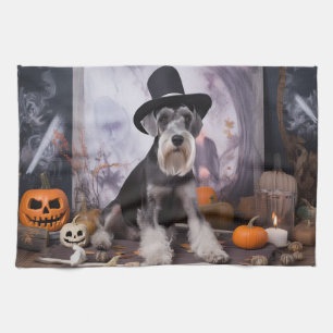 Miniature Schnauzer Pumpkins Halloween Scary  Tea Towel