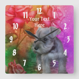 Miniature Schnauzer Puppy And Flowers Square Wall Clock
