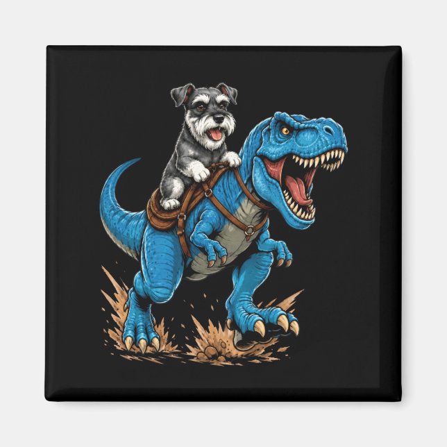 Miniature Schnauzer Riding T Rex Dinosaur Funny Magnet (Front)