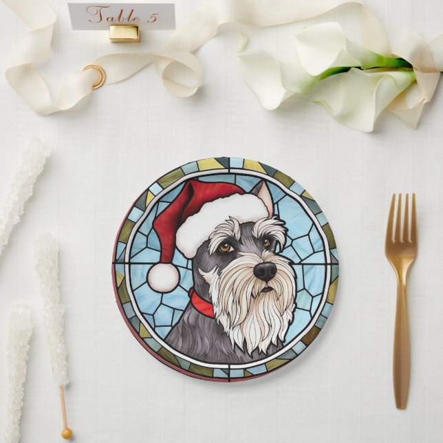 Miniature Schnauzer Stained Glass Christmas Paper Plate (Wedding)
