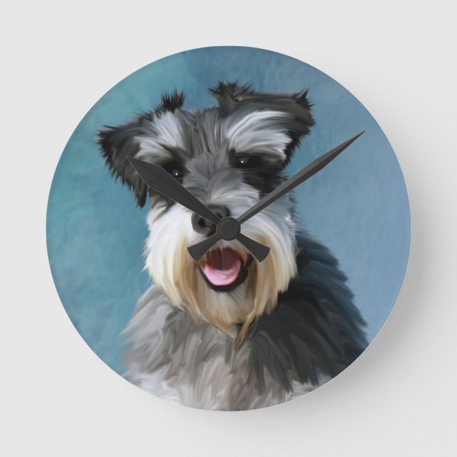 Miniature Schnauzer Water Colour Art Painting Round Clock (Front)