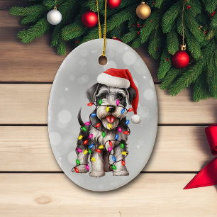 Miniature Schnauzer Wrapped in Christmas Lights Ceramic Tree Decoration