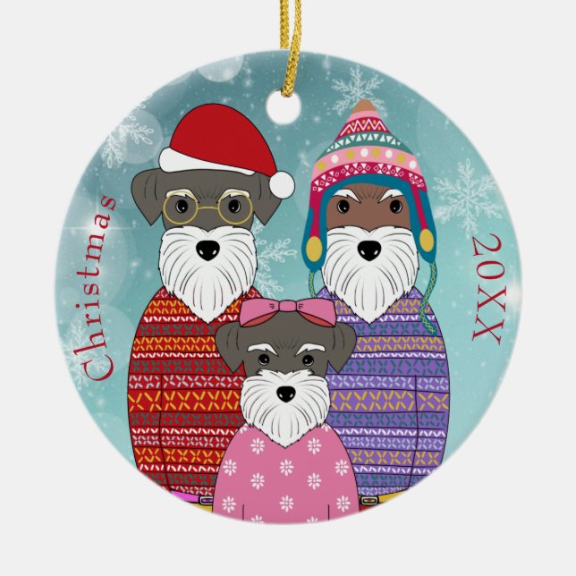 Miniature Schnauzers Christmas Family Portrait Pos Ceramic Tree Decoration (Front)