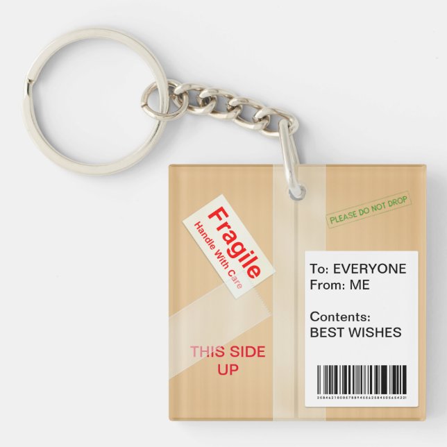 Miniature Shipping Box Whimsical Custom Text Key Ring (Front)