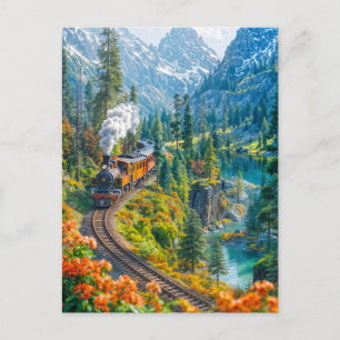 Miniature steam train in alpine forest holiday postcard