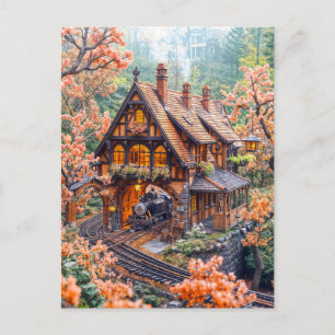 Miniature steam train under cherry blossoms holiday postcard