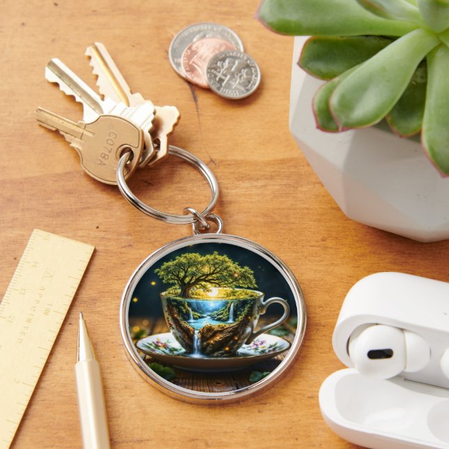 Miniature teacup wonderland colourful art key ring (Desk)