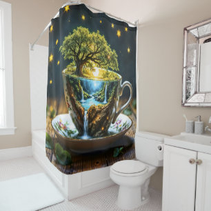 Miniature teacup wonderland colourful art shower curtain
