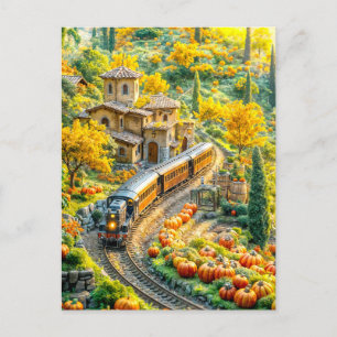 Miniature train in golden pumpkin village holiday postcard