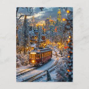 Miniature tram in snowy winter city holiday postcard