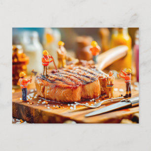 miniature workers cooking juicy beef steak holiday postcard