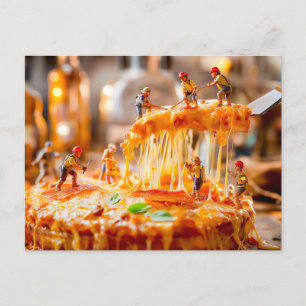 miniature workers cutting melting cheese pizza holiday postcard
