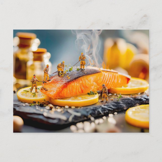 miniature workers grilling salmon with lemon holiday postcard (Front)