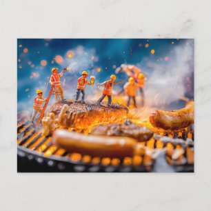 miniature workers grilling sausages and pork chop holiday postcard