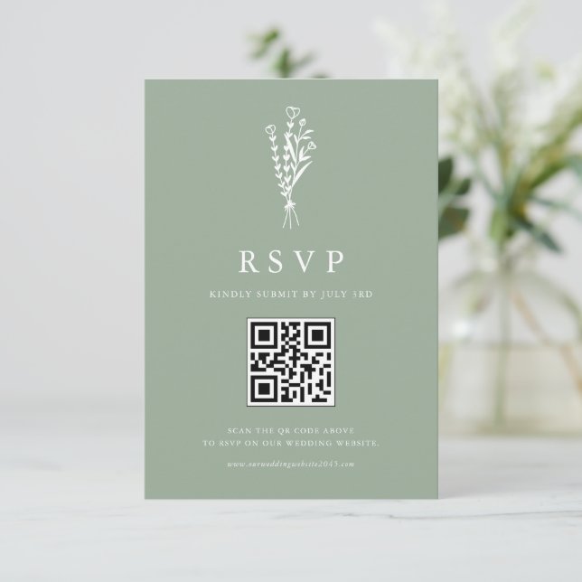 Minimailist Botanicals Sage Green QR Code Wedding RSVP Card (Standing Front)