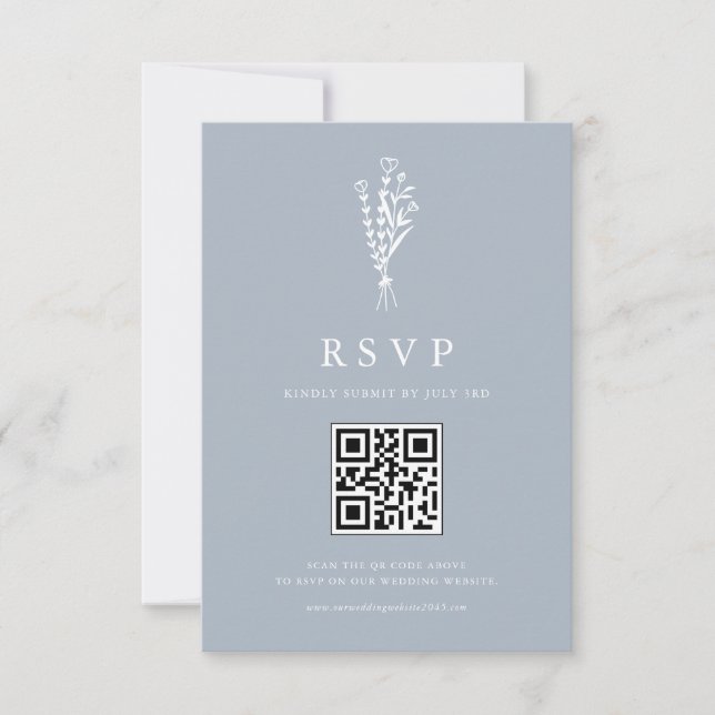 Minimailist Bouquet Dusty Blue QR Code Wedding RSVP Card (Front)