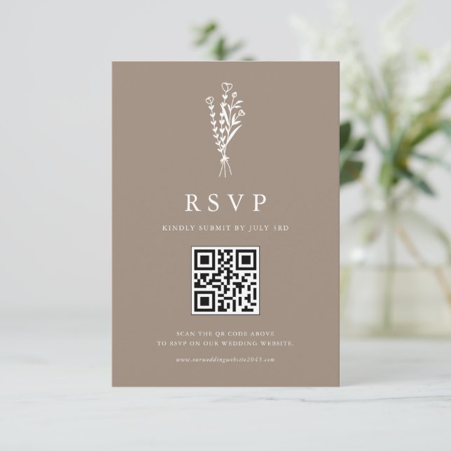 Minimailist Floral Bouquet Taupe QR Code Wedding RSVP Card (Standing Front)