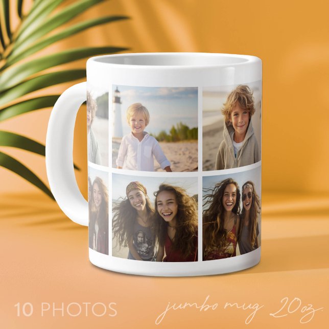 Minimal 10 Photo Collage - Basic White Grid Large Coffee Mug (Custom Photo Mug on a Jumbo Size Cup)