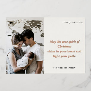 Minimal 1 Photo Black & White Christmas Spirit Foil Holiday Card