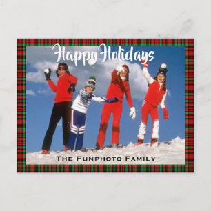 Minimal 1 Photo Holiday Card Family Name Red Plaid