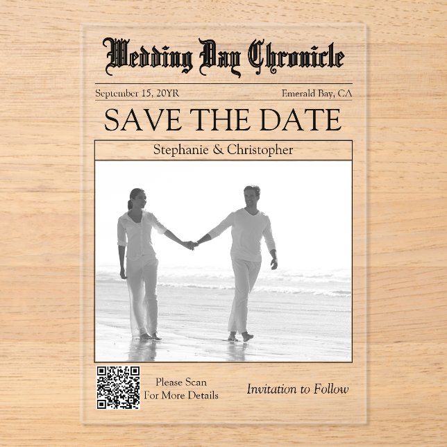 Minimal 1 Photo QR Code Newspaper Save the Date Acrylic Invitations (Front)