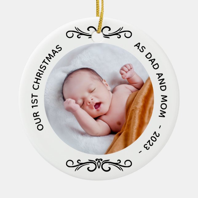 Minimal 1st Christmas as Dad Mum Photo Ceramic Tree Decoration (Front)