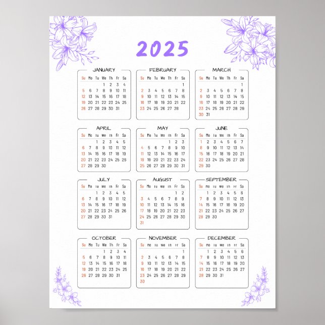 Minimal 2025 Wall Calendar Purple Floral Poster  (Front)