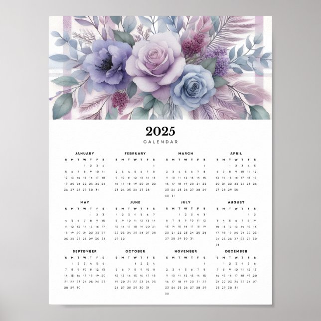 Minimal 2025 Wall Calendar Purple Flowers  Poster (Front)