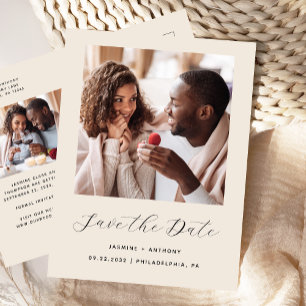 Minimal 2-Photo Beige Save the Date Announcement Postcard