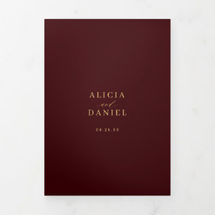 Minimal 2 photo gold burgundy wedding RSVP QR Tri-Fold Invitation