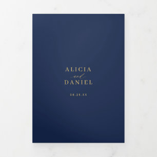 Minimal 2 photo gold navy blue wedding RSVP QR Tri-Fold Invitation