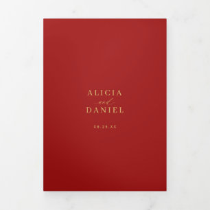 Minimal 2 photo gold red wedding RSVP QR Tri-Fold Invitation