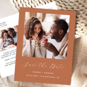 Minimal 2-Photo Script Terracotta Save the Date Announcement Postcard