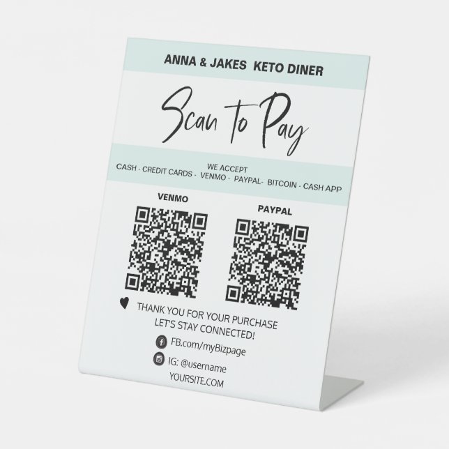 *~* MINIMAL - 2 QR PAYMENT -  Tabletop  Table Tent Pedestal Sign (Front)