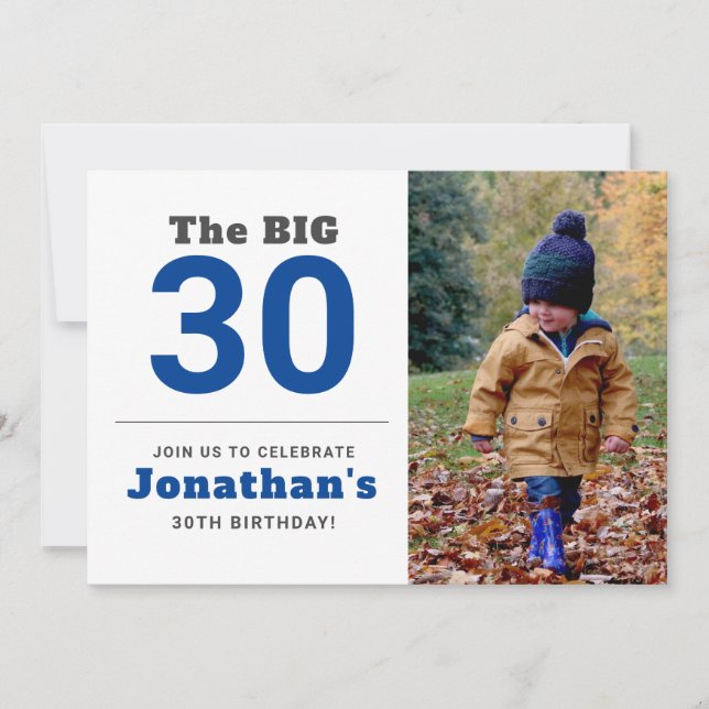 Minimal 30th Birthday Party Blue Photo Invitation (Front)