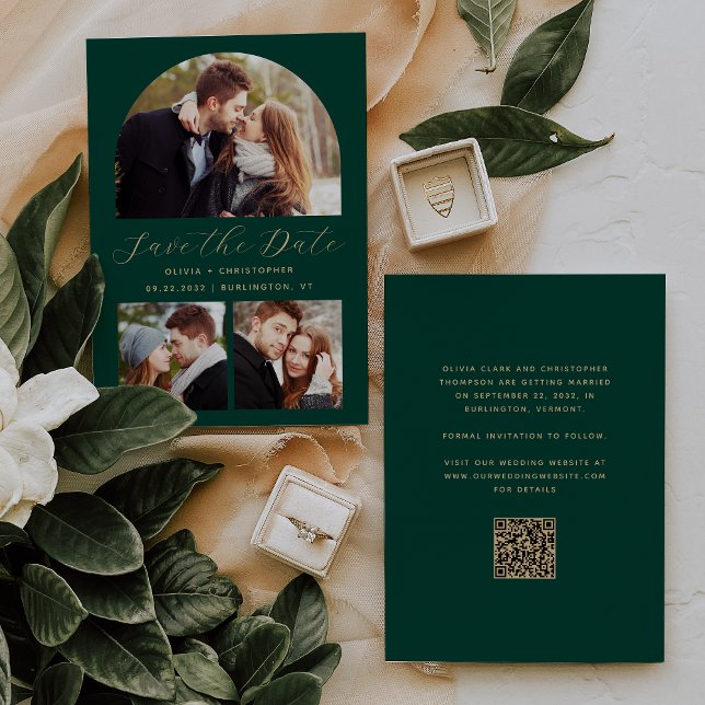 Minimal 3-Photo Arch Emerald Green Gold QR Code Save The Date (Creator Uploaded)