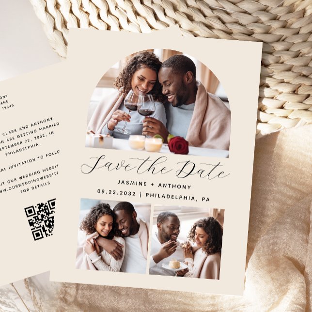 Minimal 3 Photo Arch QR Code Beige Save the Date Postcard (Creator Uploaded)