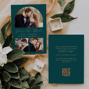 Minimal 3-Photo Arch Teal Blue Gold QR Code Save The Date