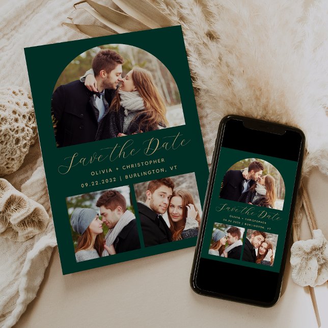 Minimal 3-Photo Boho Arch Emerald Green Gold Save The Date (Creator Uploaded)