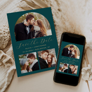 Minimal 3-Photo Boho Arch Teal Blue Gold Save The Date