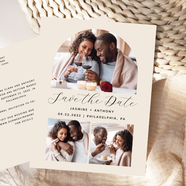 Minimal 3 Photo Collage Arch Beige Save the Date Postcard (Creator Uploaded)
