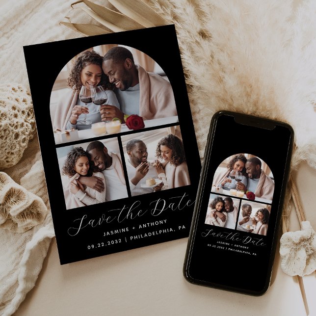 Minimal 3-Photo Collage Arch Black and White Save The Date (Creator Uploaded)